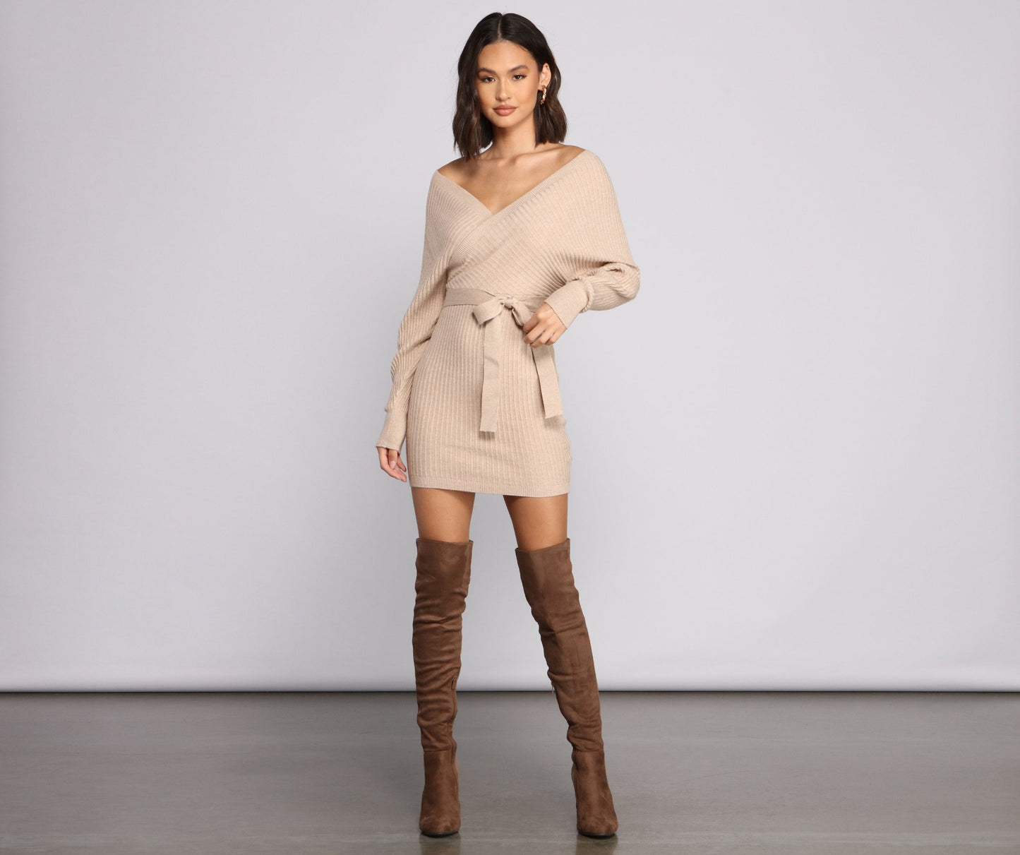 Ribbed Knit Tie-Front Mini Sweater Dress