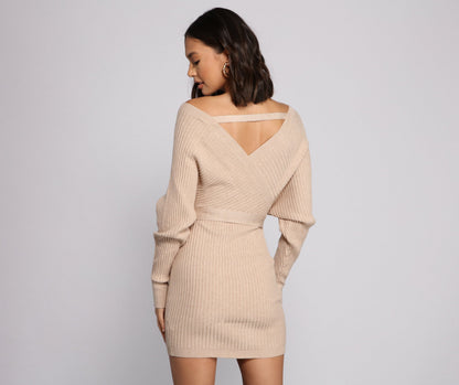 Ribbed Knit Tie-Front Mini Sweater Dress
