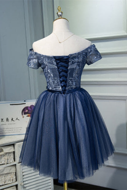 Off the Shoulder Short Sleeves Navy Blue Tutu Party Dress