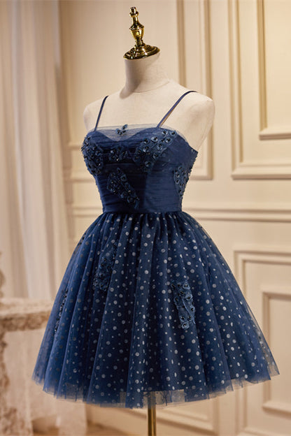 Navy Blue Straps Polk Dots Short A-line Party Dress