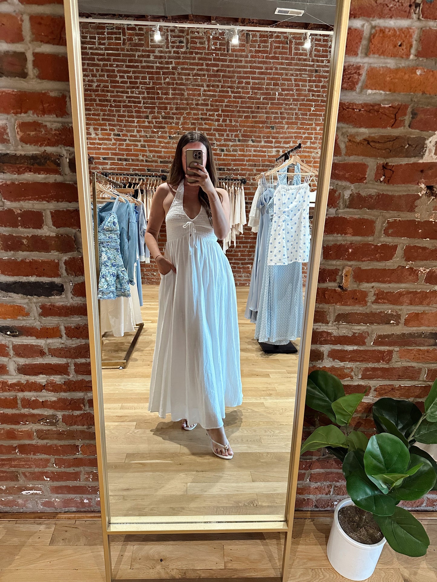 Tay Smocked Halter Midi Dress- White