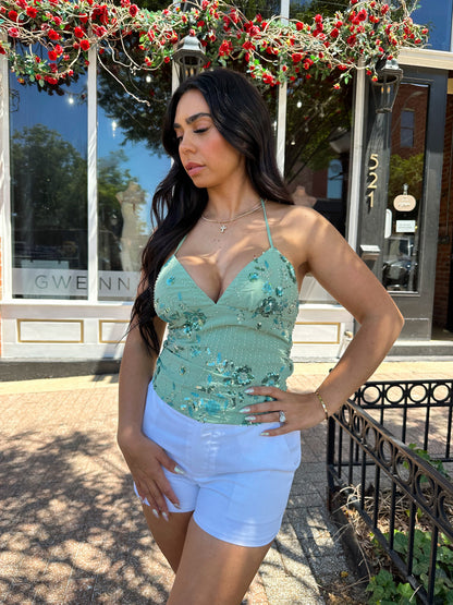 Teagan Sage Beaded Halter Neck Top