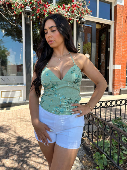 Teagan Sage Beaded Halter Neck Top