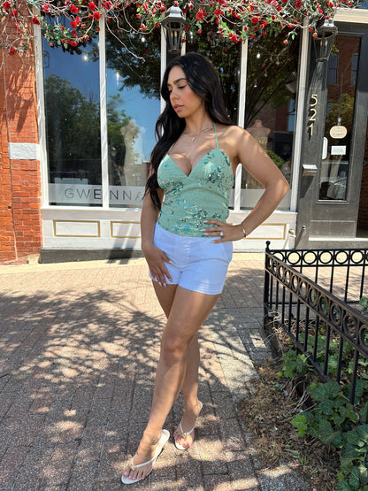 Teagan Sage Beaded Halter Neck Top
