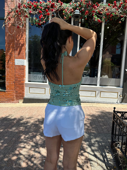 Teagan Sage Beaded Halter Neck Top