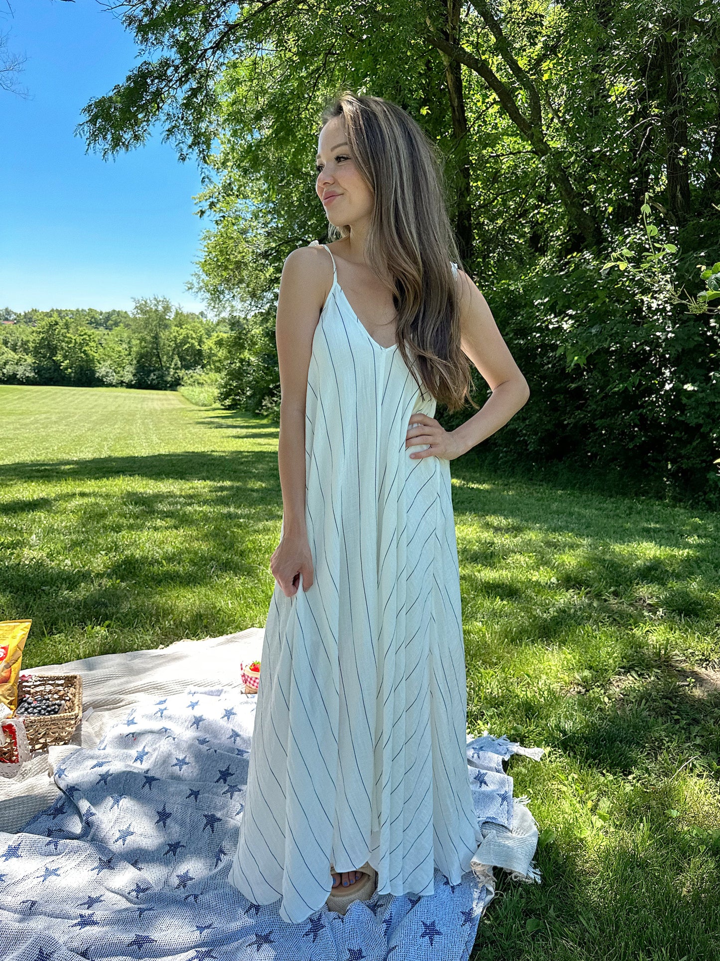 Frankie White and Blue Stripe Tie Maxi Dress
