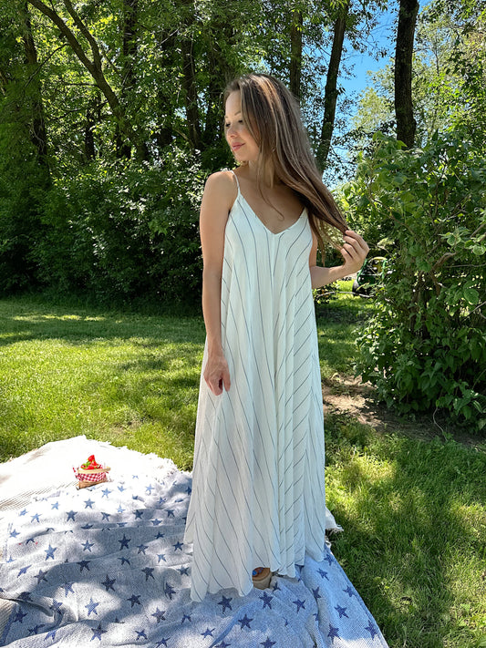 Frankie White and Blue Stripe Tie Maxi Dress