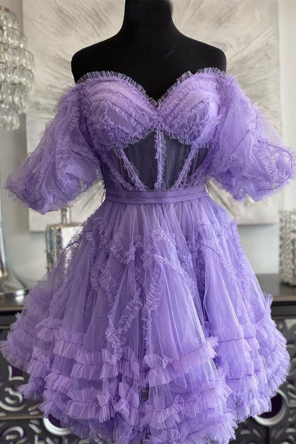 Off the Shoulder Hot Pink Ruffles Short A-line Homecoming Dress