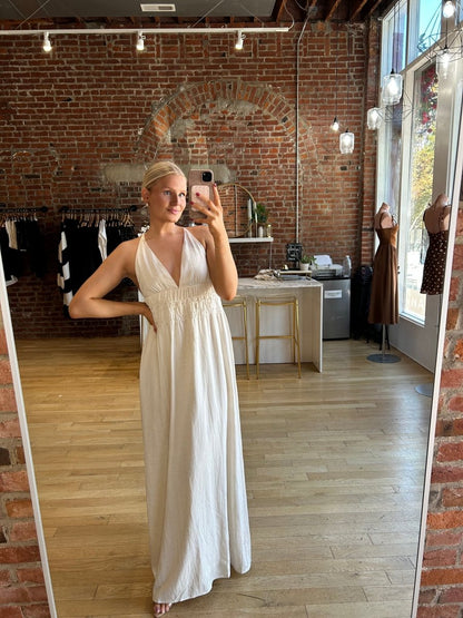 Bentley Beige Smocked Linen Maxi Dress