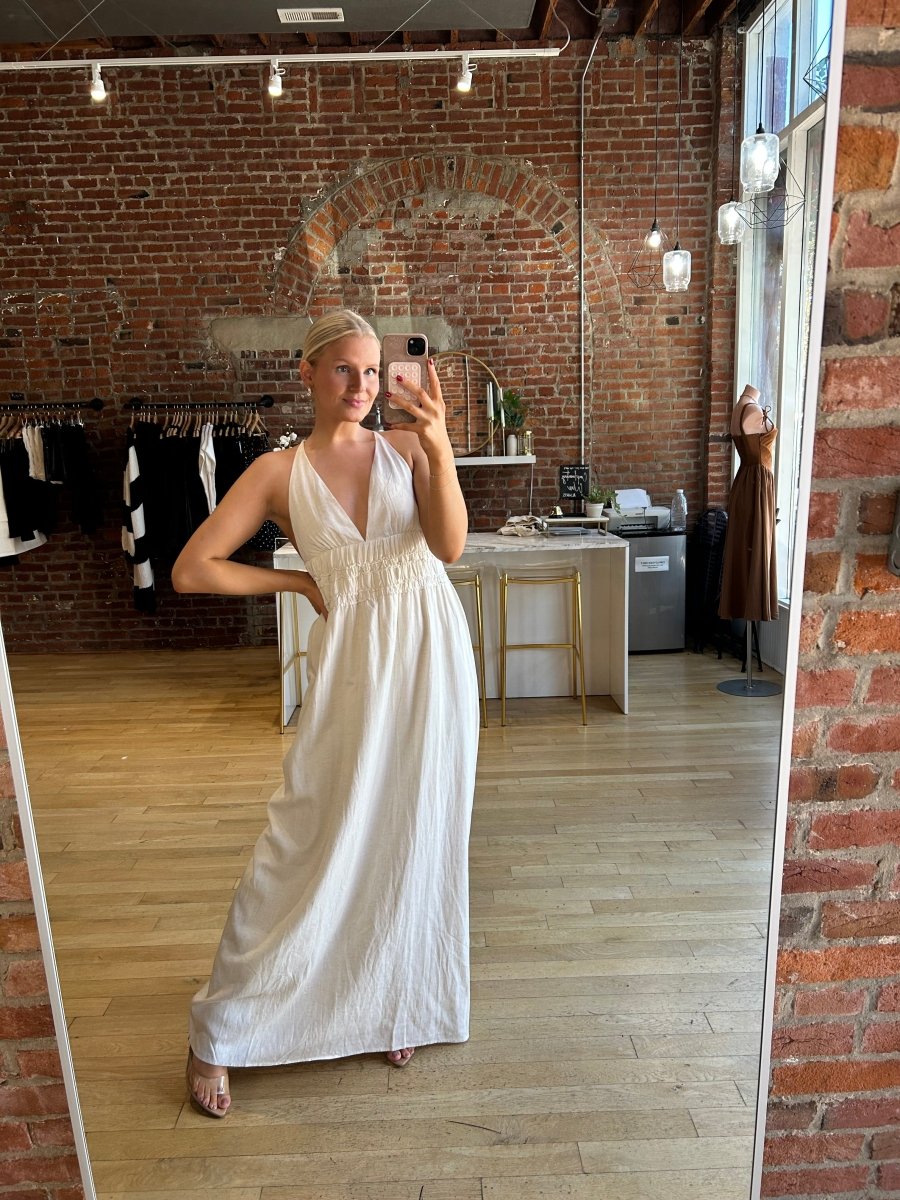 Bentley Beige Smocked Linen Maxi Dress