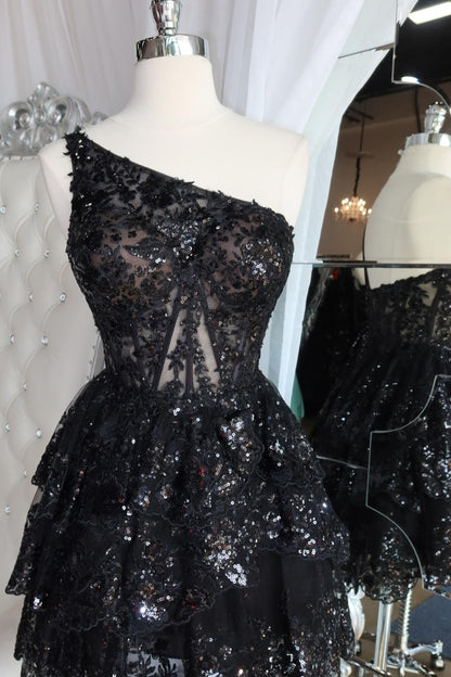One Shoulder Black Appliques Ruffles Short Party Dress