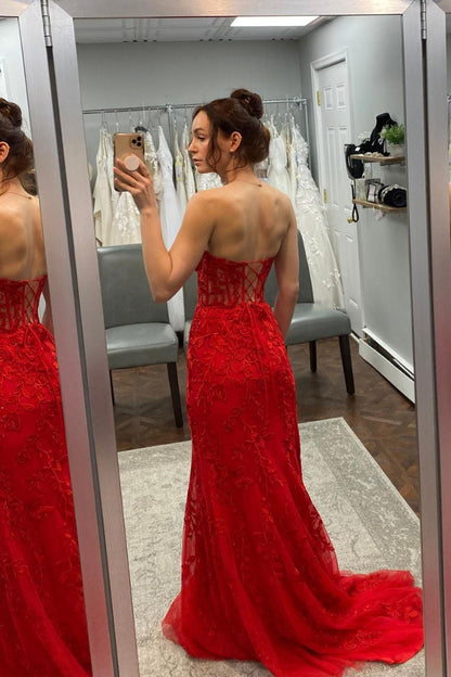 Strapless Hot Pink Lace Mermaid Long Prom Dress