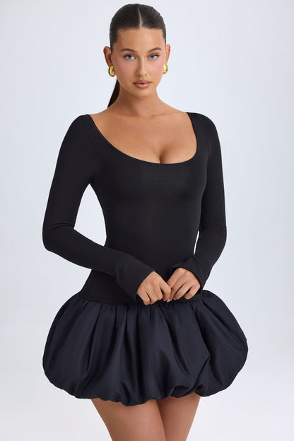 Modal Scoop-Neck Drop-Waist Bubble Hem Mini Dress in Black