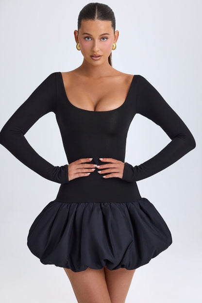 Modal Scoop-Neck Drop-Waist Bubble Hem Mini Dress in Black