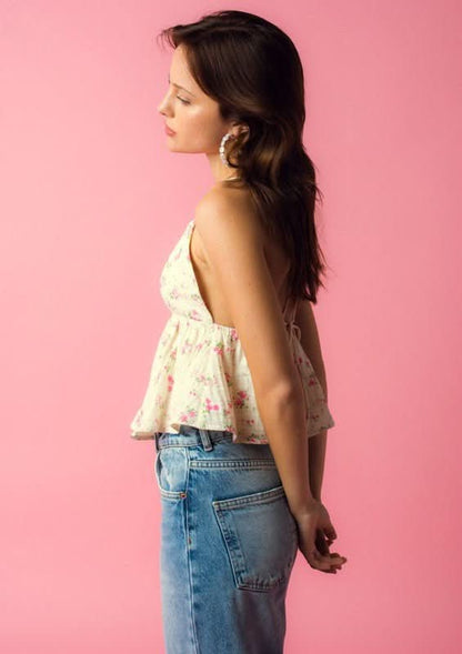 Freya Cream and Pink Floral Babydoll Top