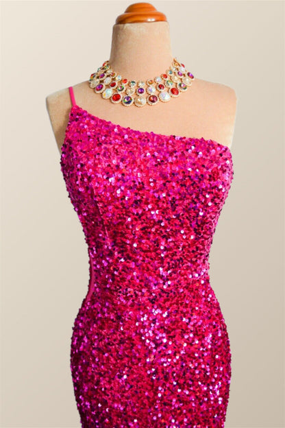 One Shoulder Fuchsia Sequin Mermaid Long Party Dress