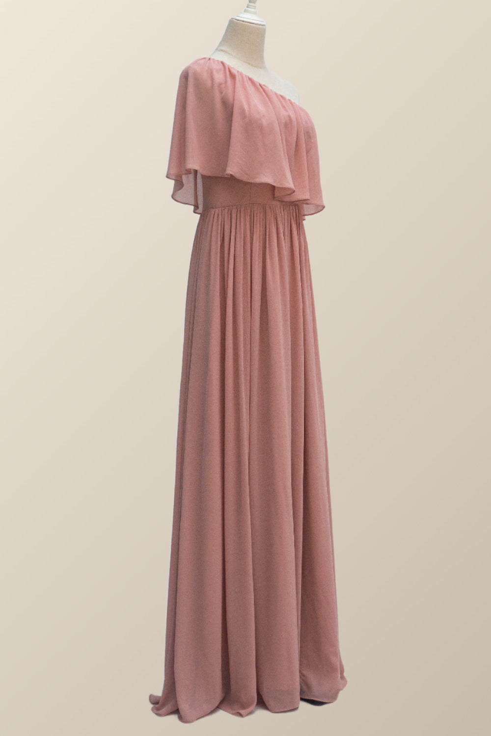 One Shoulder Blush Pink Chiffon Crepe Bridesmaid Dress