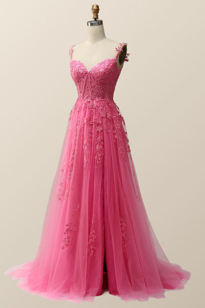 Hot Pink Lace Appliques A-line Long Formal Gown