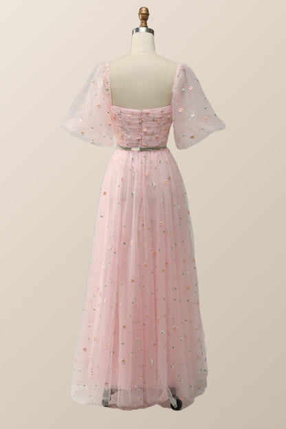 Pink Floral Embroidered Dress with Half Puffy Sleeves