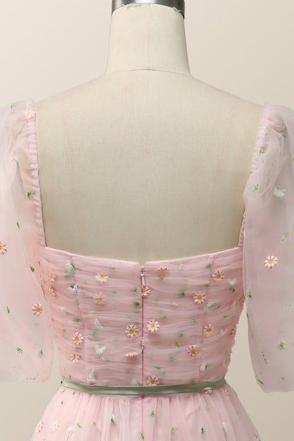 Pink Floral Embroidered Dress with Half Puffy Sleeves
