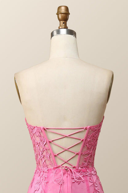 Strapless Hot Pink Lace Mermaid Long Prom Dress