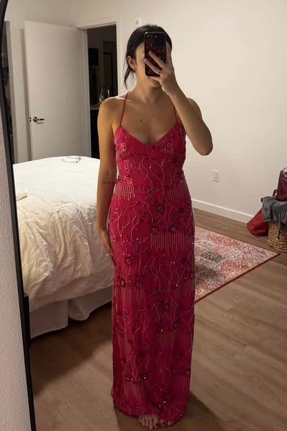 Pink Beaded Straps Fitted Long Dress