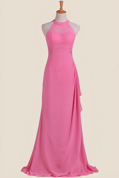 Hot Pink Halter Chiffon Draped Long Dress
