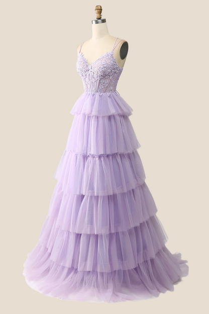 Lilac Appliques and Tulle Tiered Ruffle Gown
