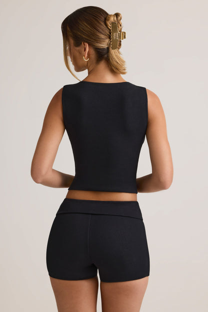 Modal Ribbed Mid-Rise Foldover Shorts in Black