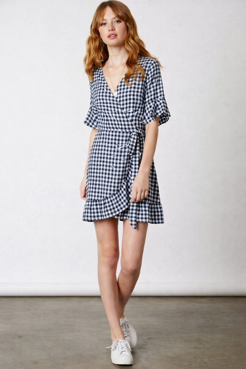 Courtney Navy and White Gingham Wrap Dress