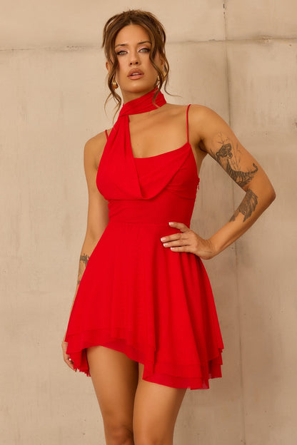 Nocturne Veil Mesh Mini Dress - Red