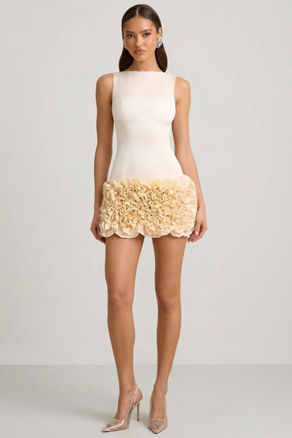 Satin Floral Appliqué Open-Back Mini Dress in Ivory