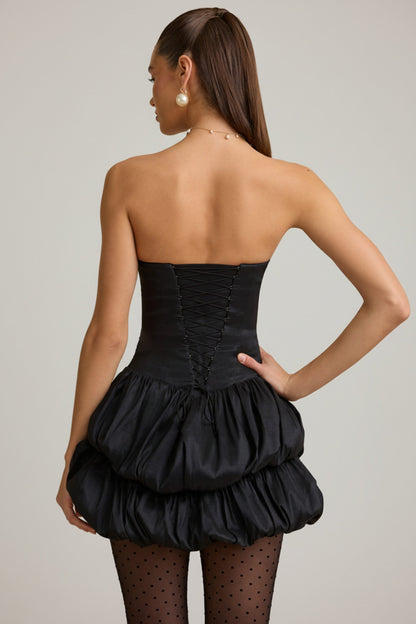 Satin Bubble Hem Corset Mini Dress in Black