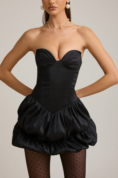 Satin Bubble Hem Corset Mini Dress in Black
