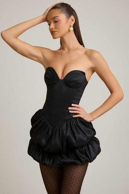 Satin Bubble Hem Corset Mini Dress in Black
