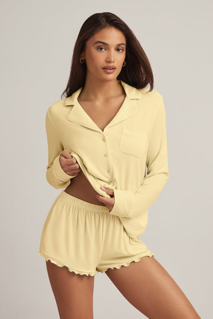 Modal Ruffle-Trim Pyjama Shorts in Pastel Yellow