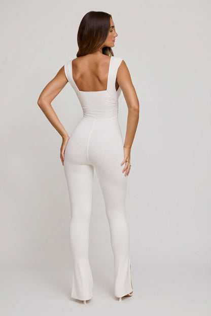 Plunge Neck Ruched Waist Jumpsuit in White