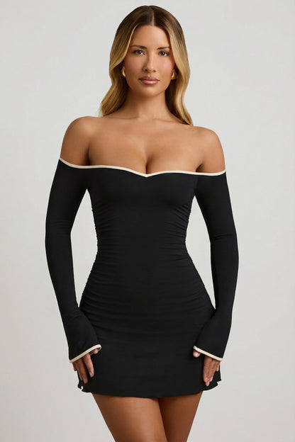 Modal Off-Shoulder A-Line Mini Dress in Black