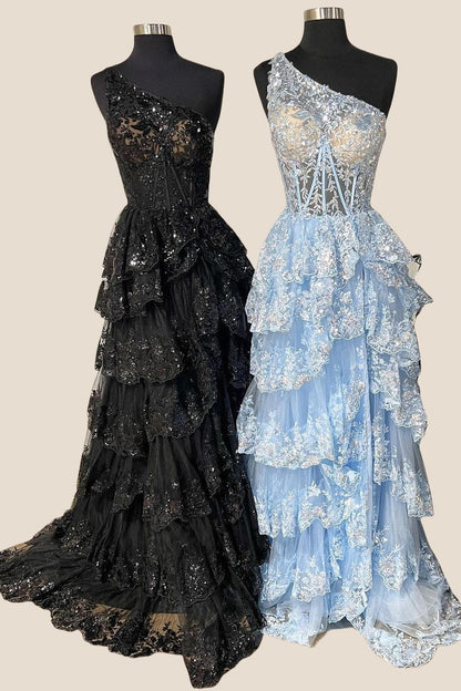 One Shoulder Navy Blue Appliques Ruffles Long Formal Dress