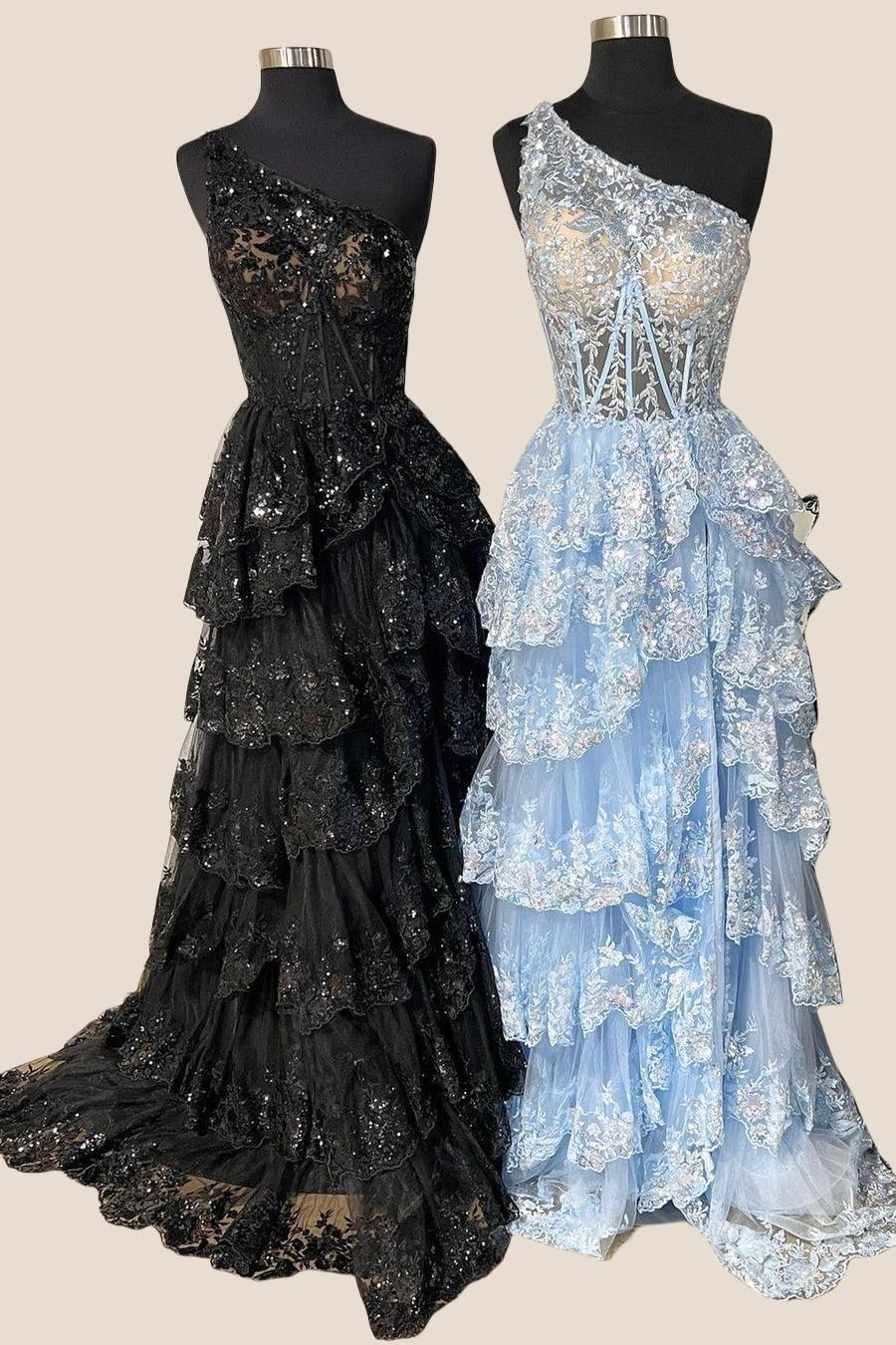 One Shoulder Navy Blue Appliques Ruffle Formal Dress