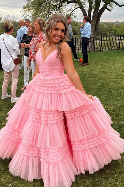 Light Blue Tiered Ruffle Long Ball Gown with Straps