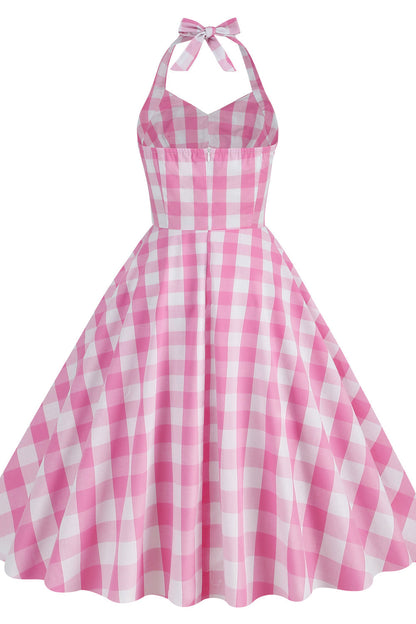 Halter Pink Plaid Gingham Swing Dress