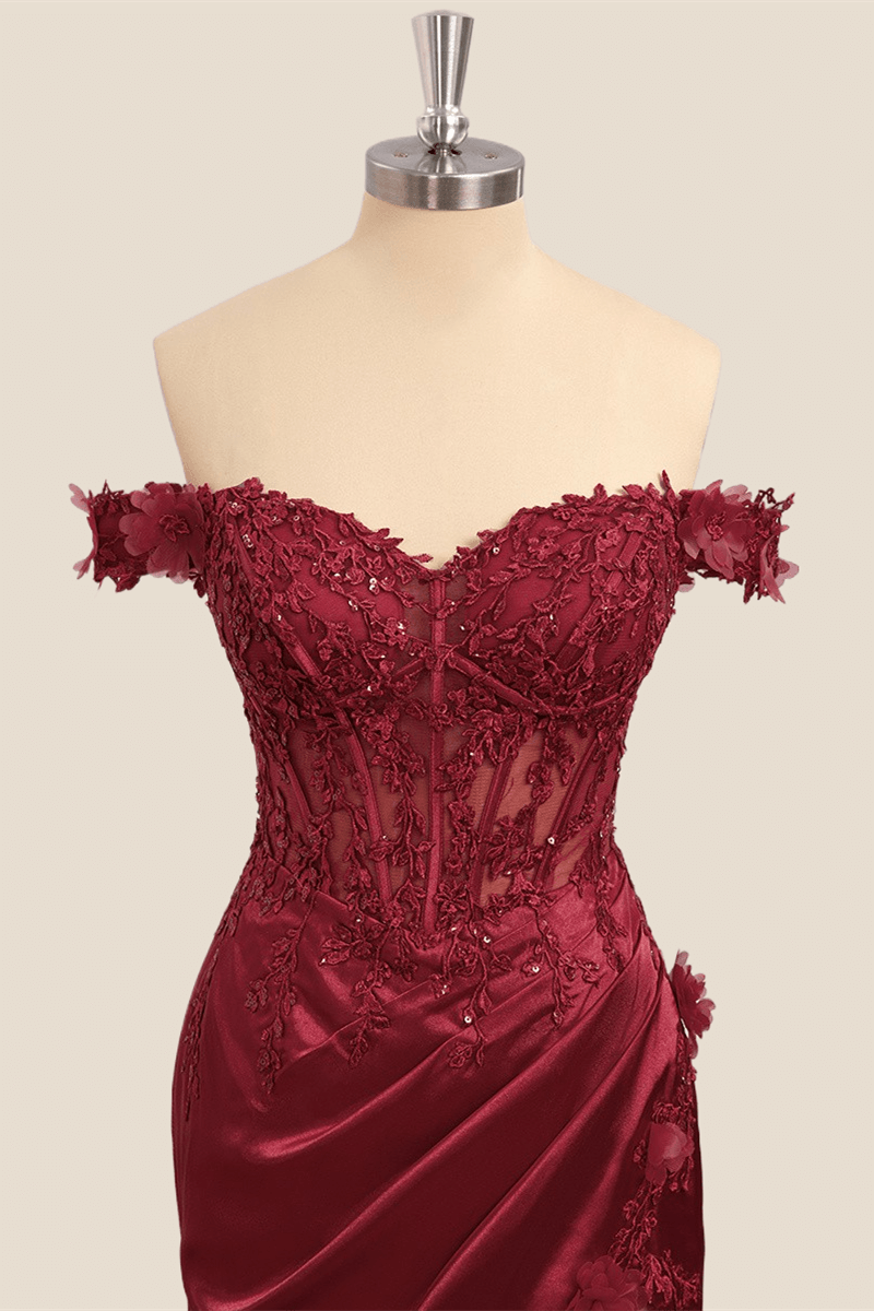 Lace Off the Shoulder Wine Red Satin Mermaid Dress