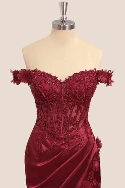 Lace Off the Shoulder Wine Red Satin Mermaid Dress